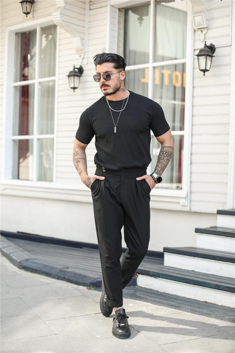 Slim Fit Çizgili T-Shırt Mint Siyah