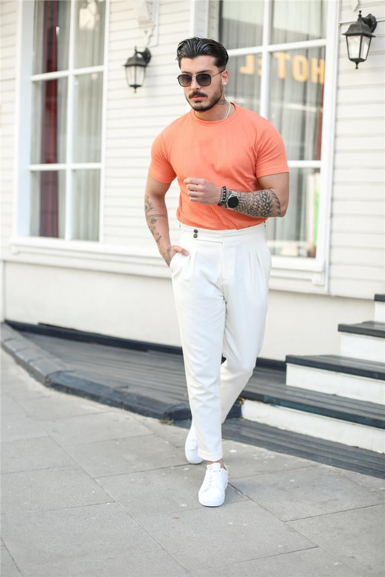Slim Fit Çizgili T-Shırt Mint Turuncu