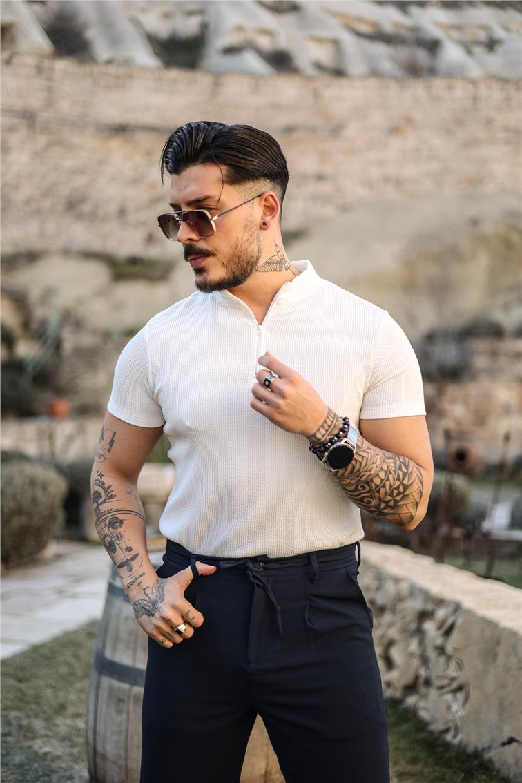 Slim Fit Fermuarlı Fitilii T-Shirt Beyaz