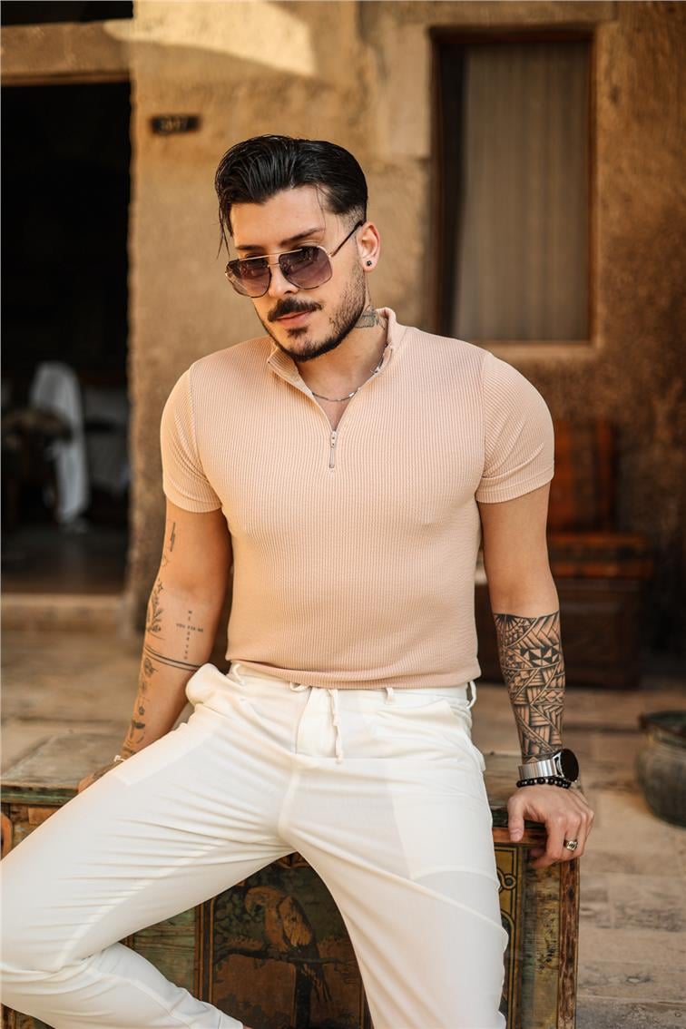 Slim Fit Fermuarlı Fitilii T-Shirt Krem