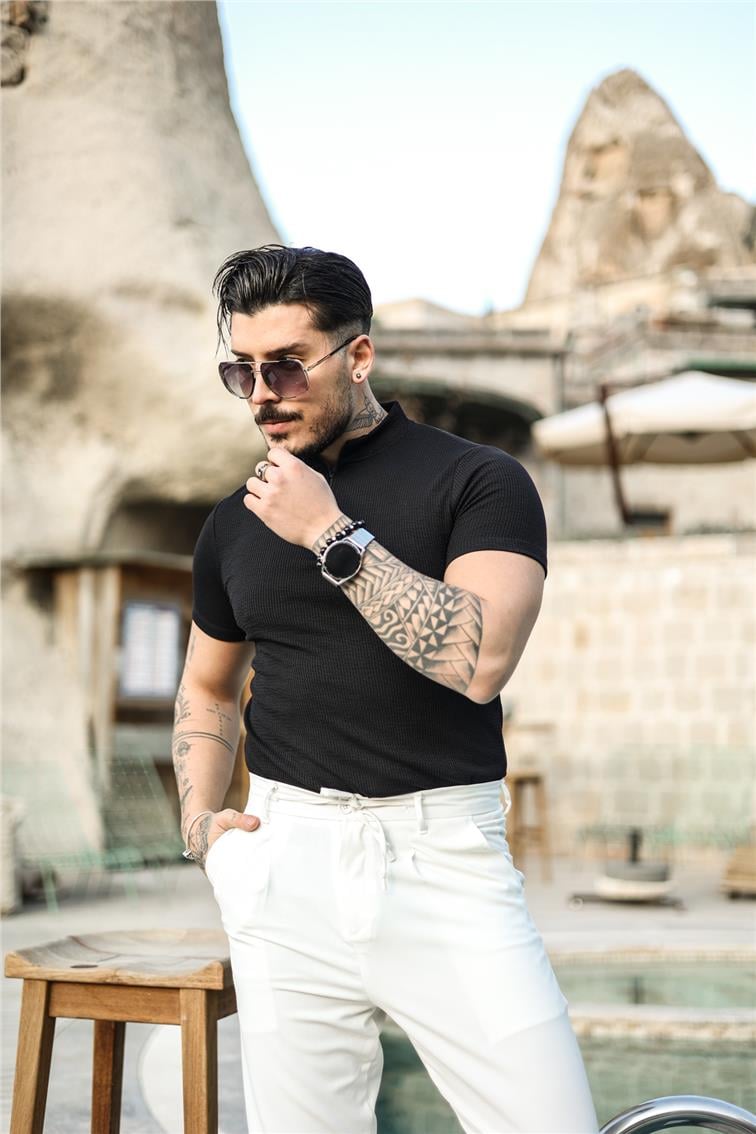 Slim Fit Fermuarlı Fitilii T-Shirt Siyah