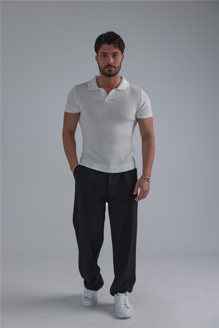 Slim Fit Knit T-Shirt Beyaz