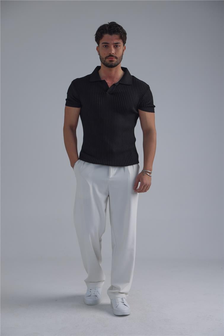 Slim Fit Knit T-Shirt Siyah