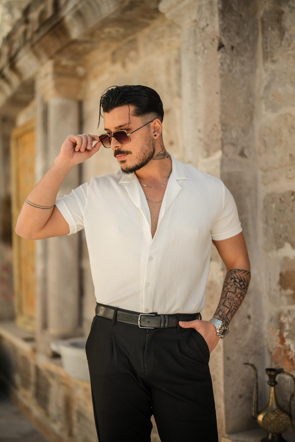 Slim Fit Pilili Kısa Kol Gömlek Beyaz