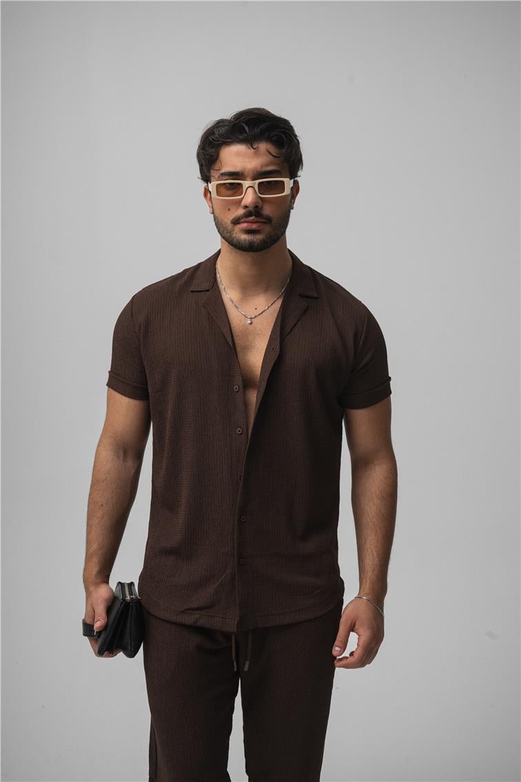 Slim Fit Pilili Kısa Kol Gömlek Kahve