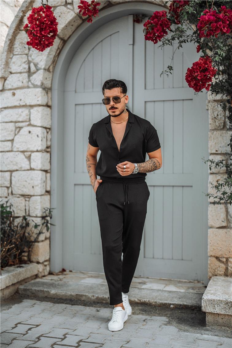 Slim Fit Pilili Kısa Kol Gömlek Siyah