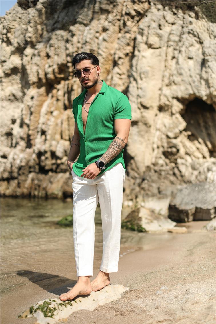 Slim Fit Pilili Kısa Kol Gömlek Yeşil
