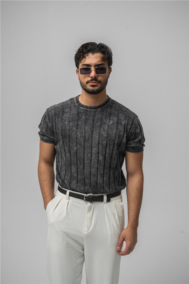 Slim Fit Washed Lines Knit T-Shirt Yıkamalı Siyah