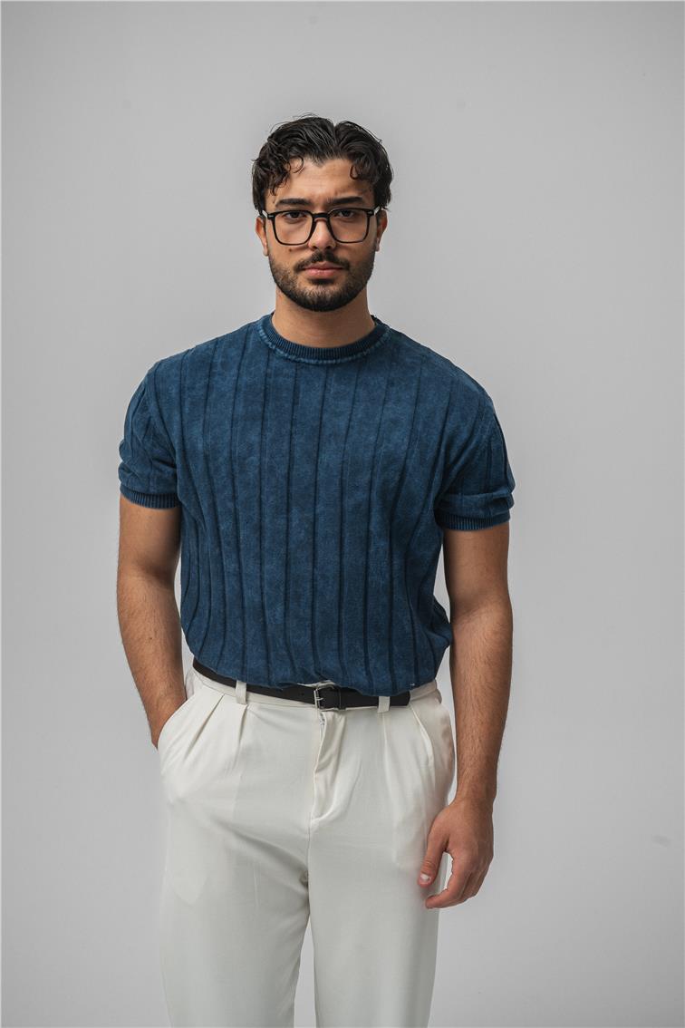 Slim Fit Washed Lines Knit T-Shirt Yıkamalı İndigo