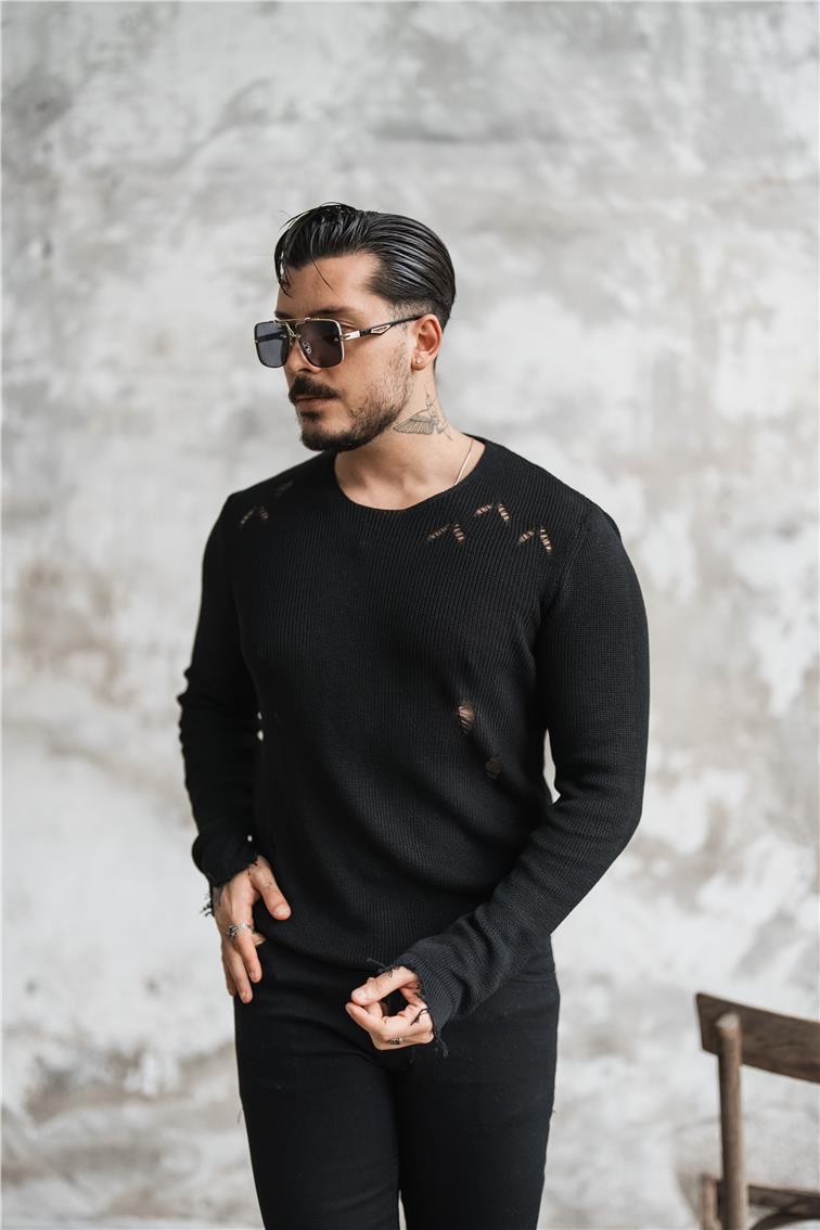 Slim Fit Yırtıklı Kazak Siyah