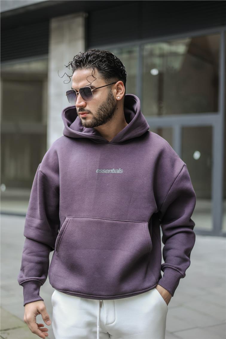 Smile Baskılı Dolgun Kumaş Oversize Sweatshirt Mürdüm
