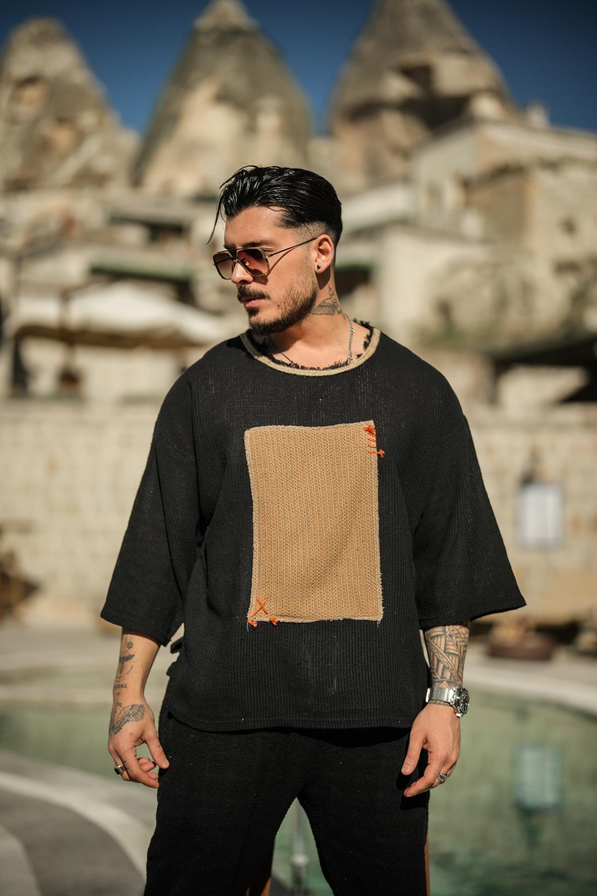 Soyut DEsenli Örmeli Oversize T-Shirt Siyah