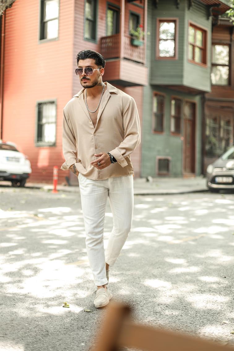 Special Dokulu Oversize Gömlek Camel