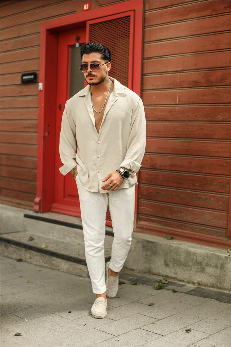 Special Dokulu Oversize Gömlek Krem