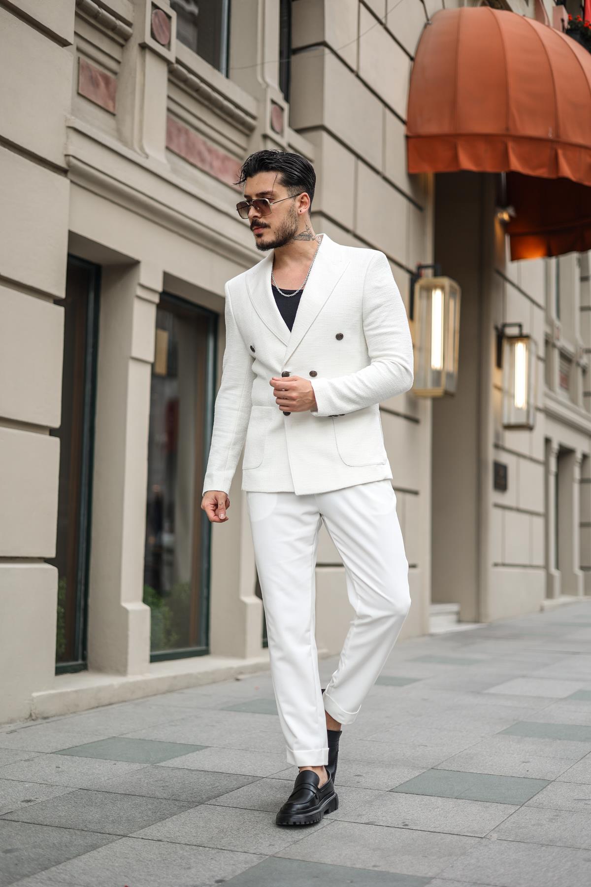 Special Toka Düğmeli Örme Detay Ceket Beyaz