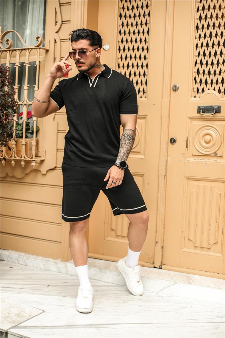 Spectacular Çizgili Pola Yaka T-Shirt Siyah