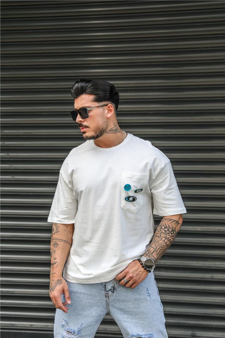 Sticker Baskılı Oversize T-Shirt Beyaz
