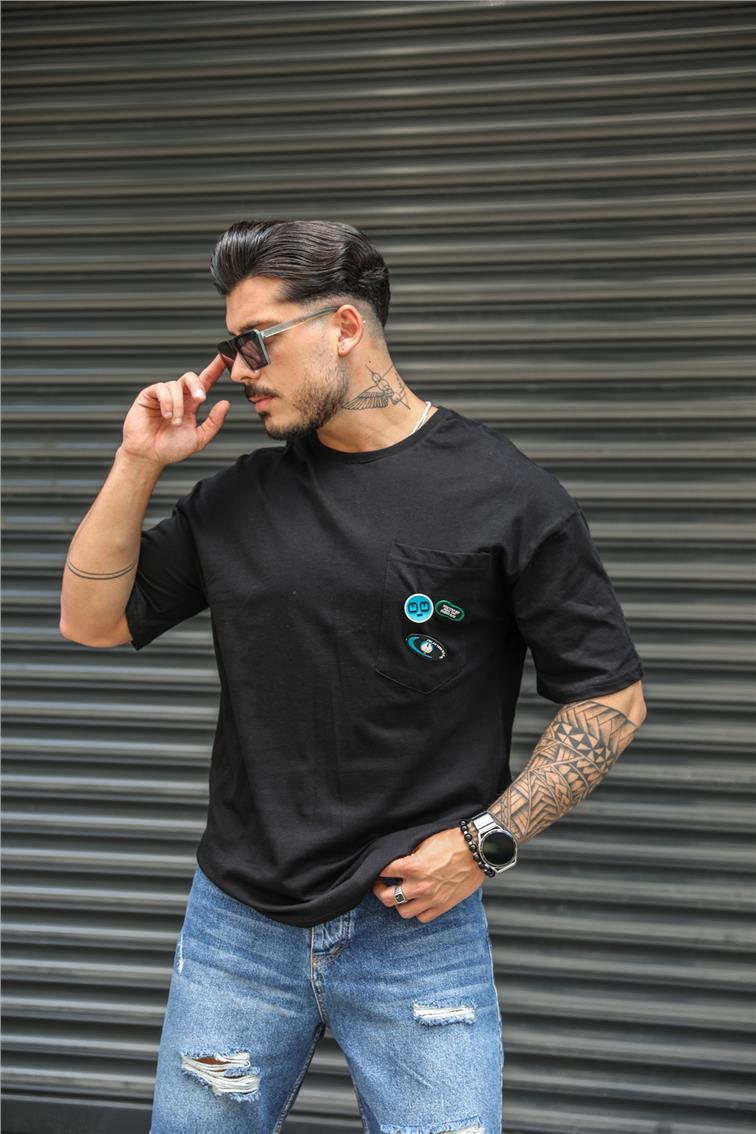 Sticker Baskılı Oversize T-Shirt Siyah