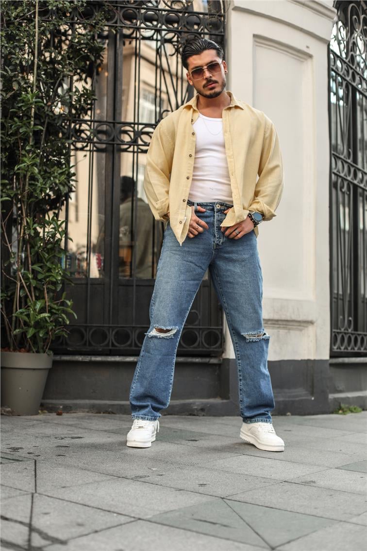 Straight Dizi Yırtık Baggy Jean Koyu Mavi