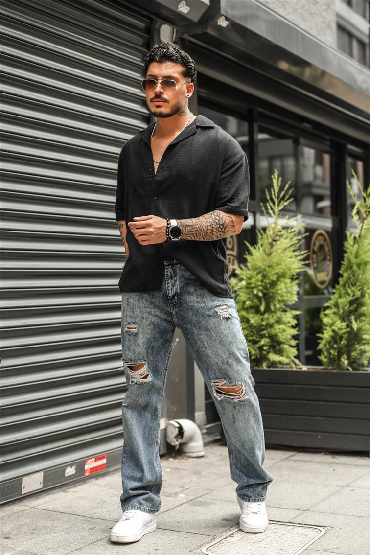 Street Yırtıklı Baggy Jean Yıkamalı Mavi