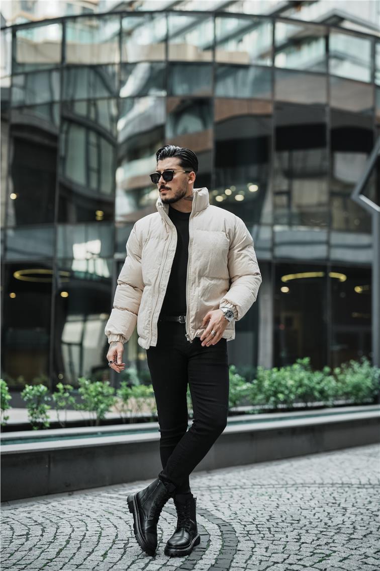 Su Geçirmez Kırışık Kumaş Oversize Şişme Mont Bej