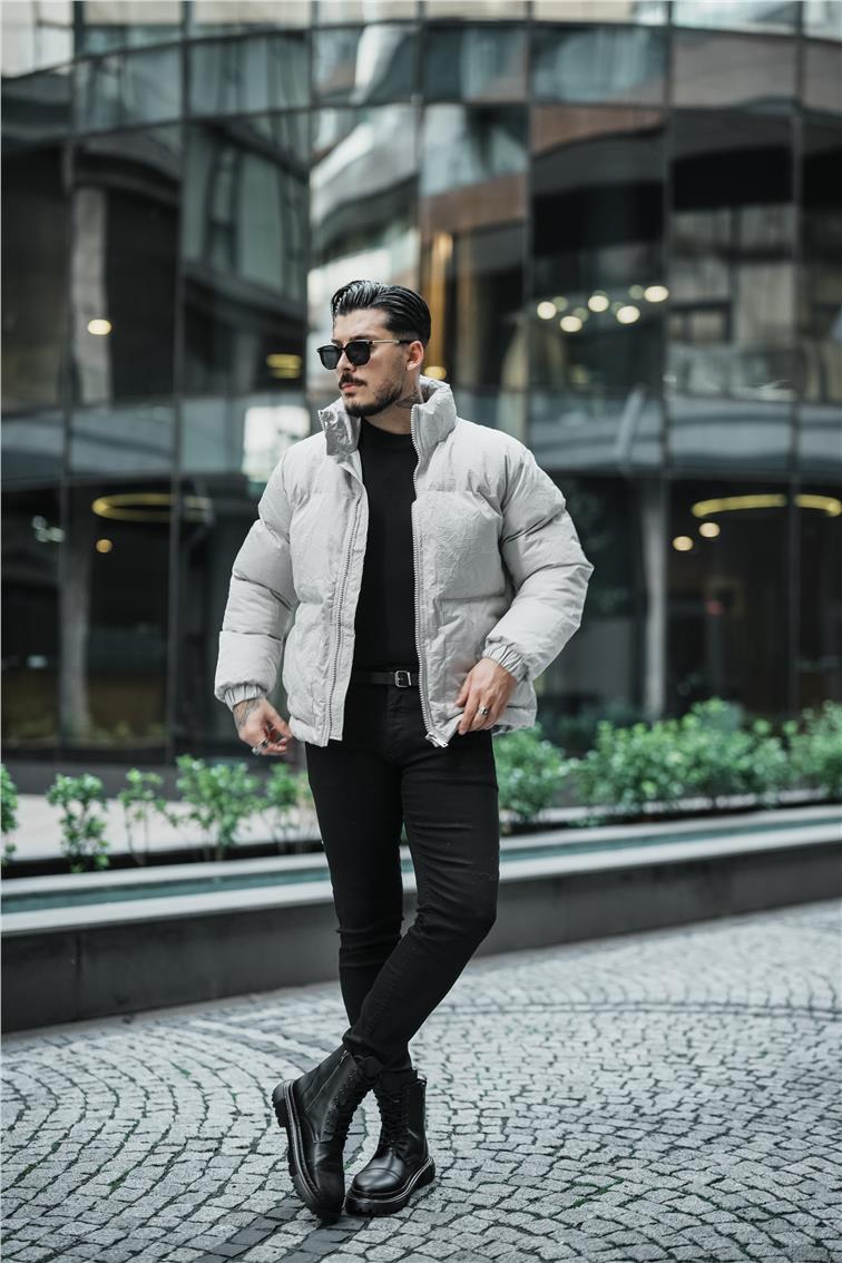 Su Geçirmez Kırışık Kumaş Oversize Şişme Mont Gri