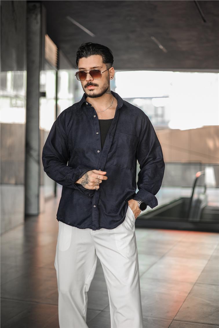 Süet Oversize Gömlek Lacivert