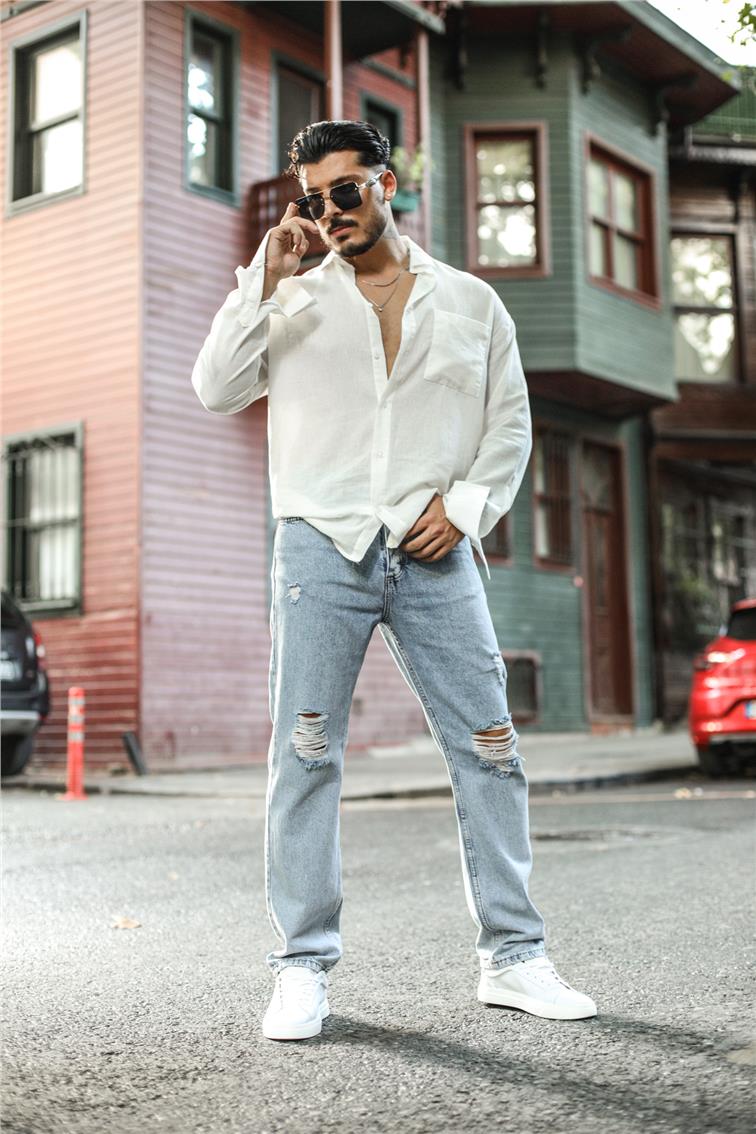 Taşlamalı Dizi Yırtık Baggy Jean Yıkamalı Mavi