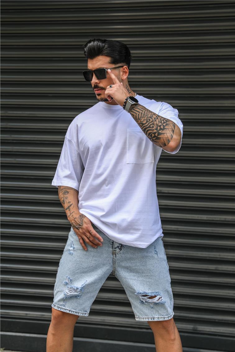 Tek Cepli Basic Oversize T-Shirt Beyaz