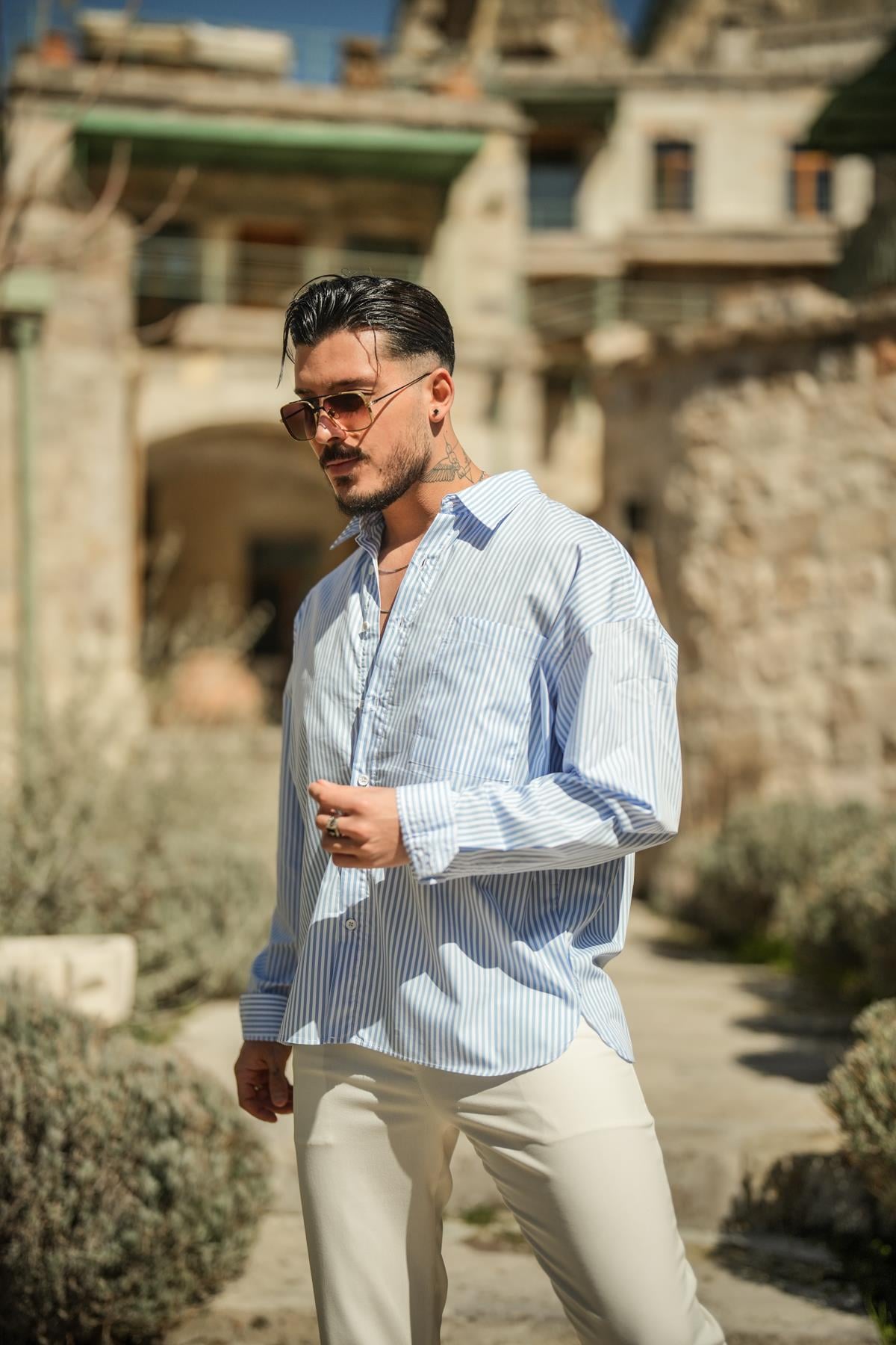 Tek Cepli Çizgili Oversize Gömlek Açık Mavi