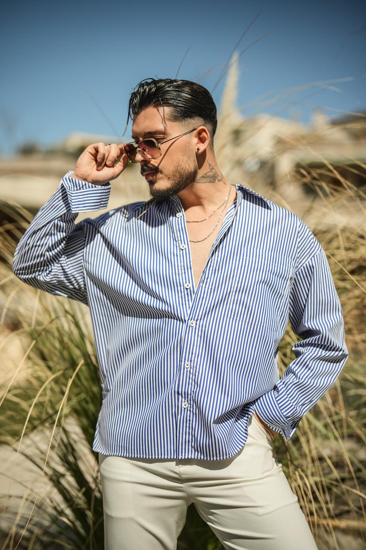 Tek Cepli Çizgili Oversize Gömlek Koyu Mavi