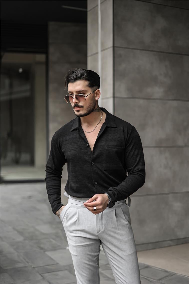 Tek Cepli Desen İşlemeli Gömlek Siyah