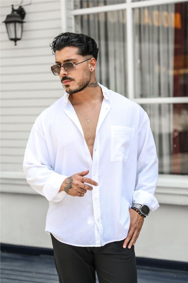 Tek Cepli Keten Oversize Gömlek Beyaz