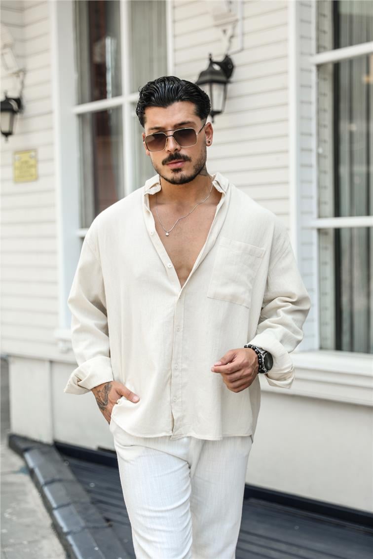 Tek Cepli Keten Oversize Gömlek Krem