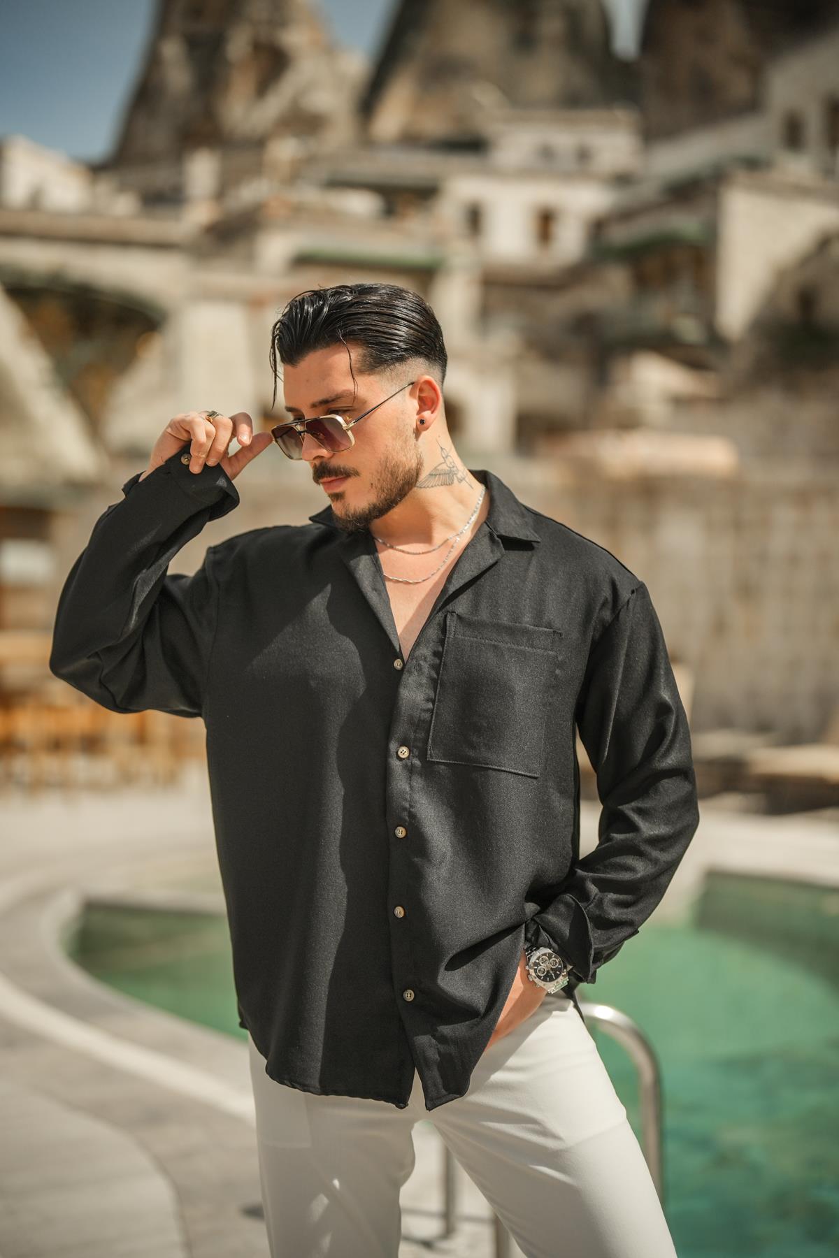 Tek Cepli Oversize Basic Gömlek Siyah