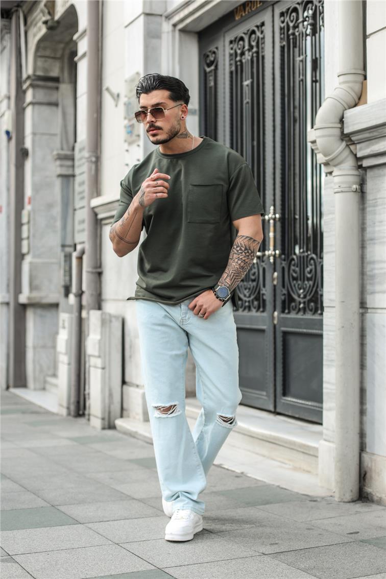 Tek Cepli Oversize T-Shirt Haki