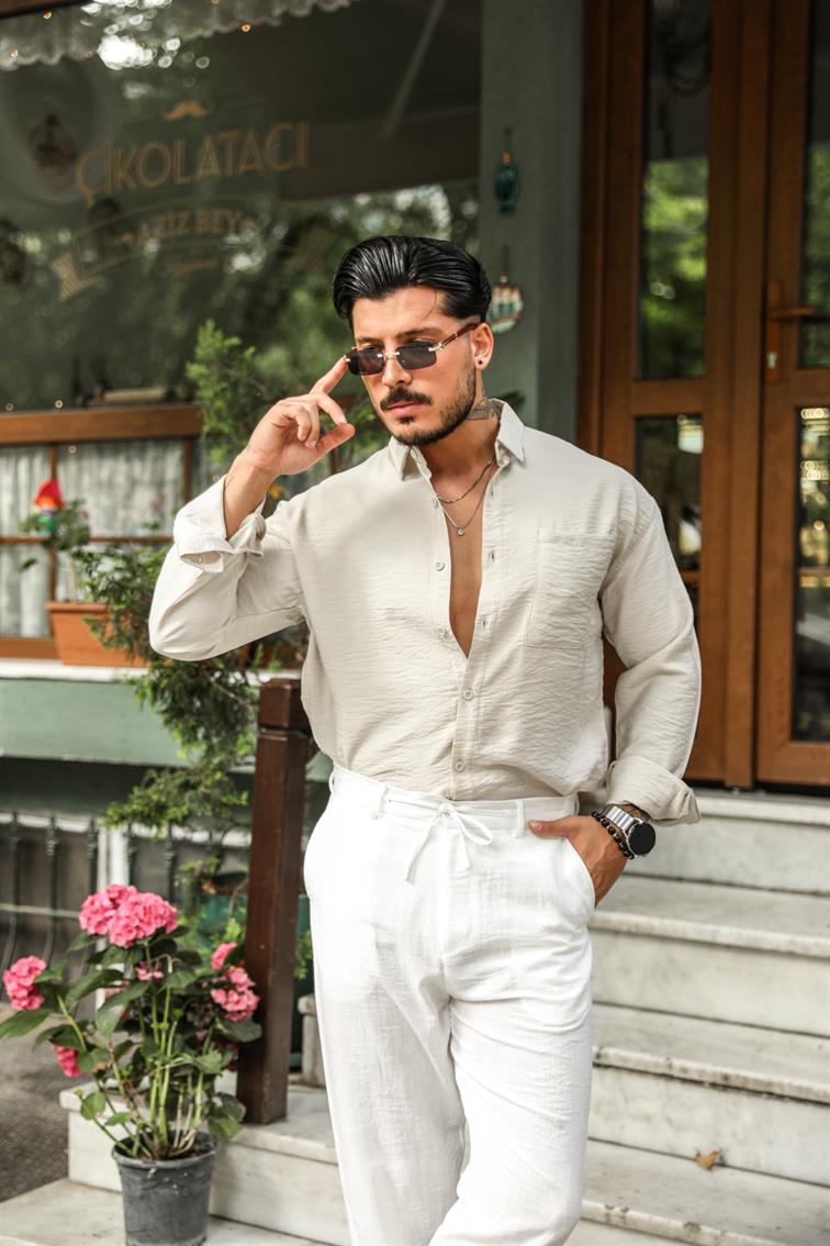 Tek Cepli Saten Oversize Gömlek Bej