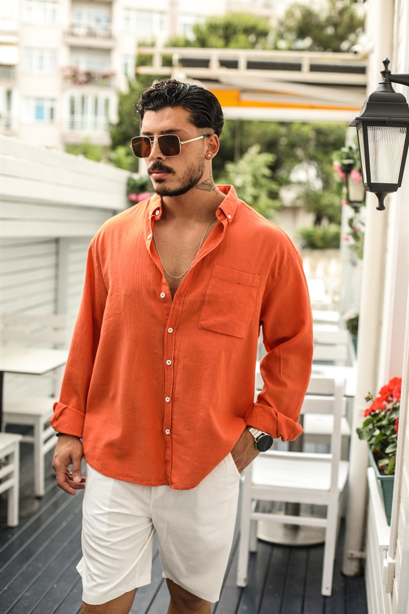 Tek Cepli Uzun Kollu Oversize Gömlek Kiremit · 4