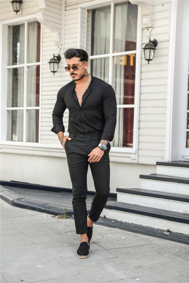 Tek Düğmeli Double Paça Kalem Pantolon Siyah