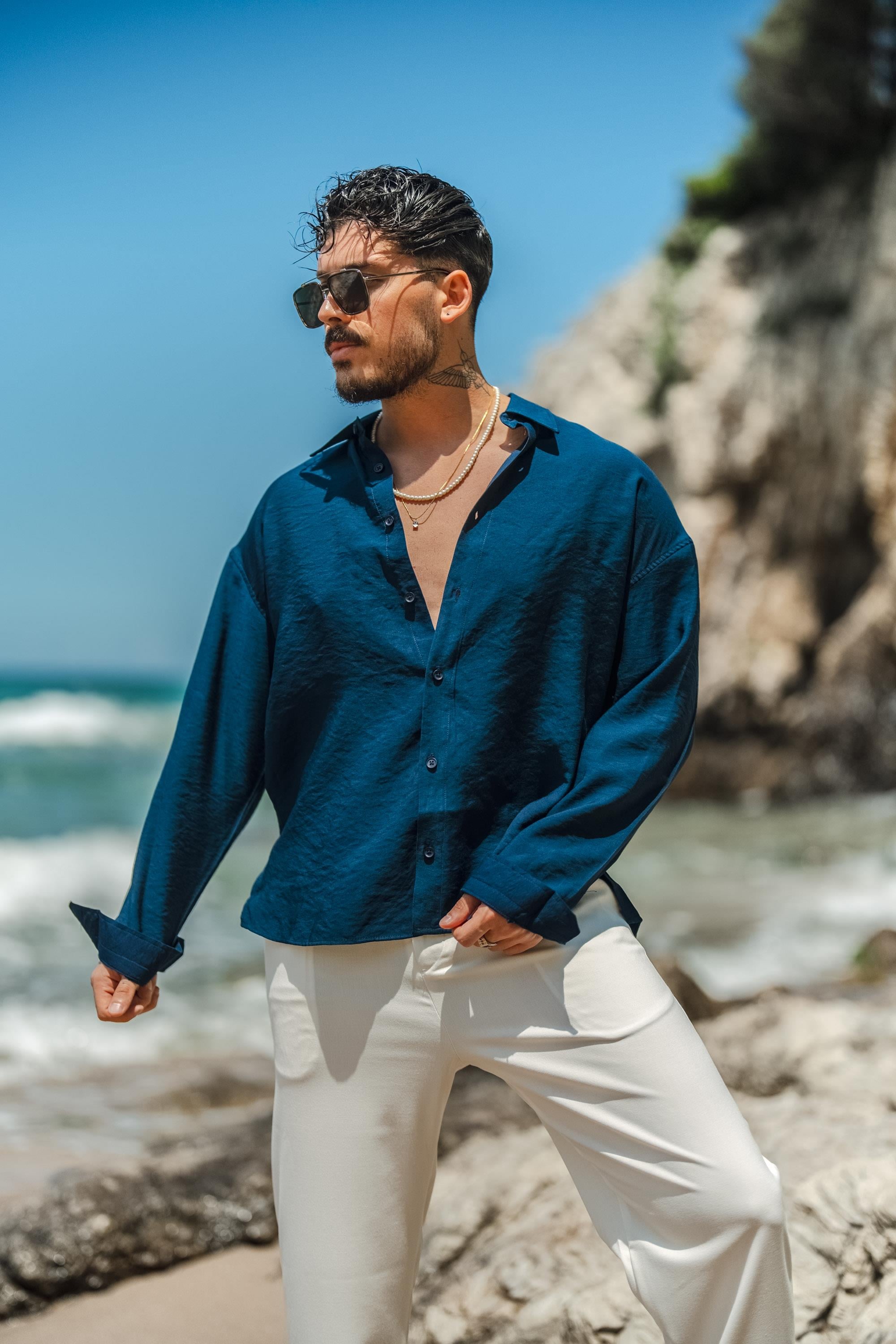 Tensel Kumaş Basic Oversize Gömlek Lacivert