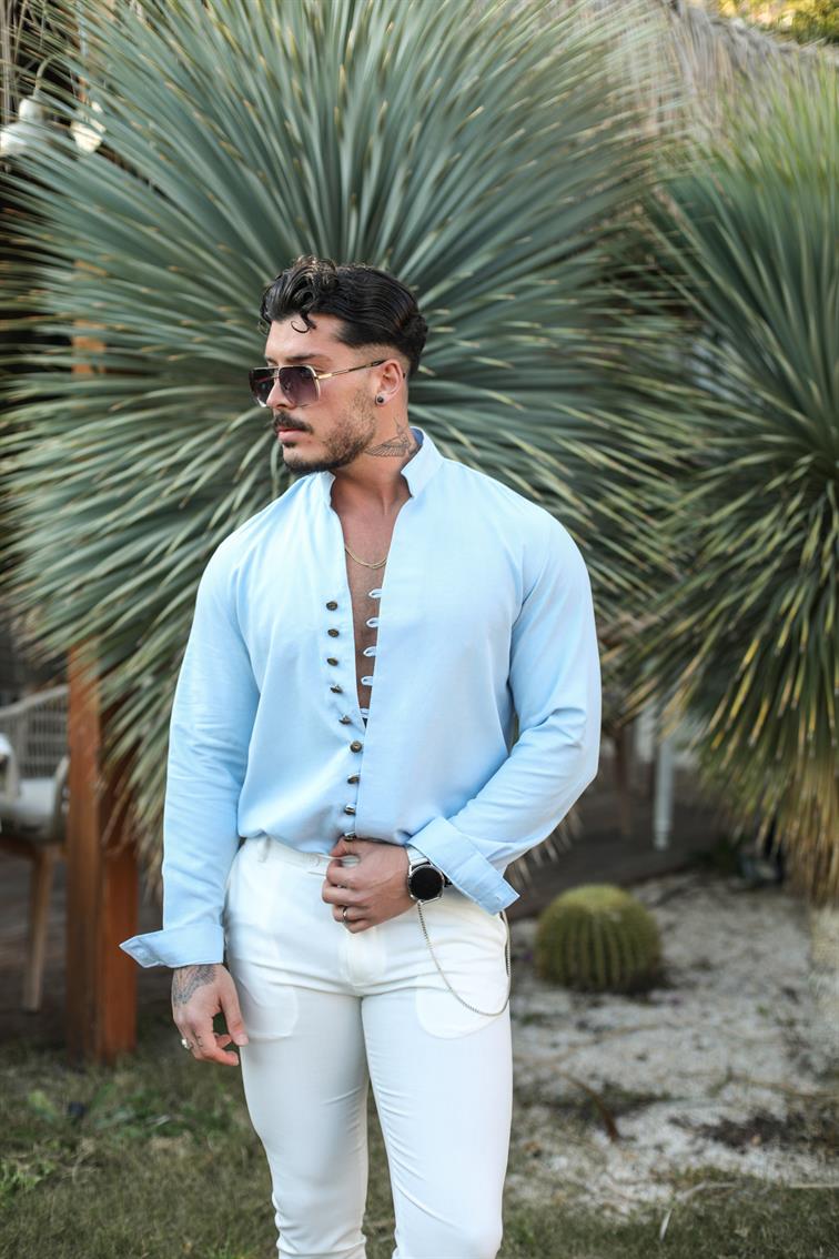 Toka Düğme Detaylı  Regular Fit Gömlek Açık Mavi
