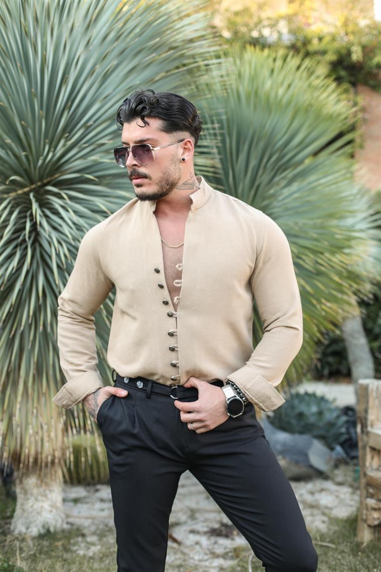 Toka Düğme Detaylı  Regular Fit Gömlek Camel