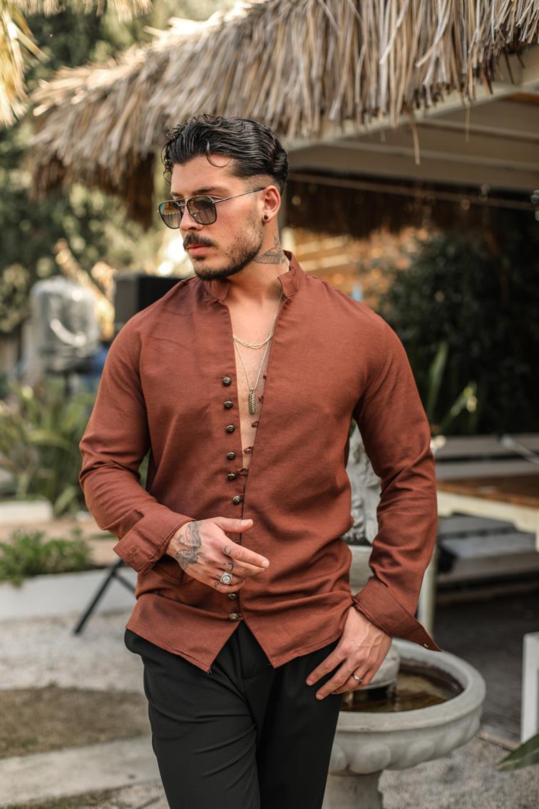 Toka Düğme Detaylı  Regular Fit Gömlek Kahve