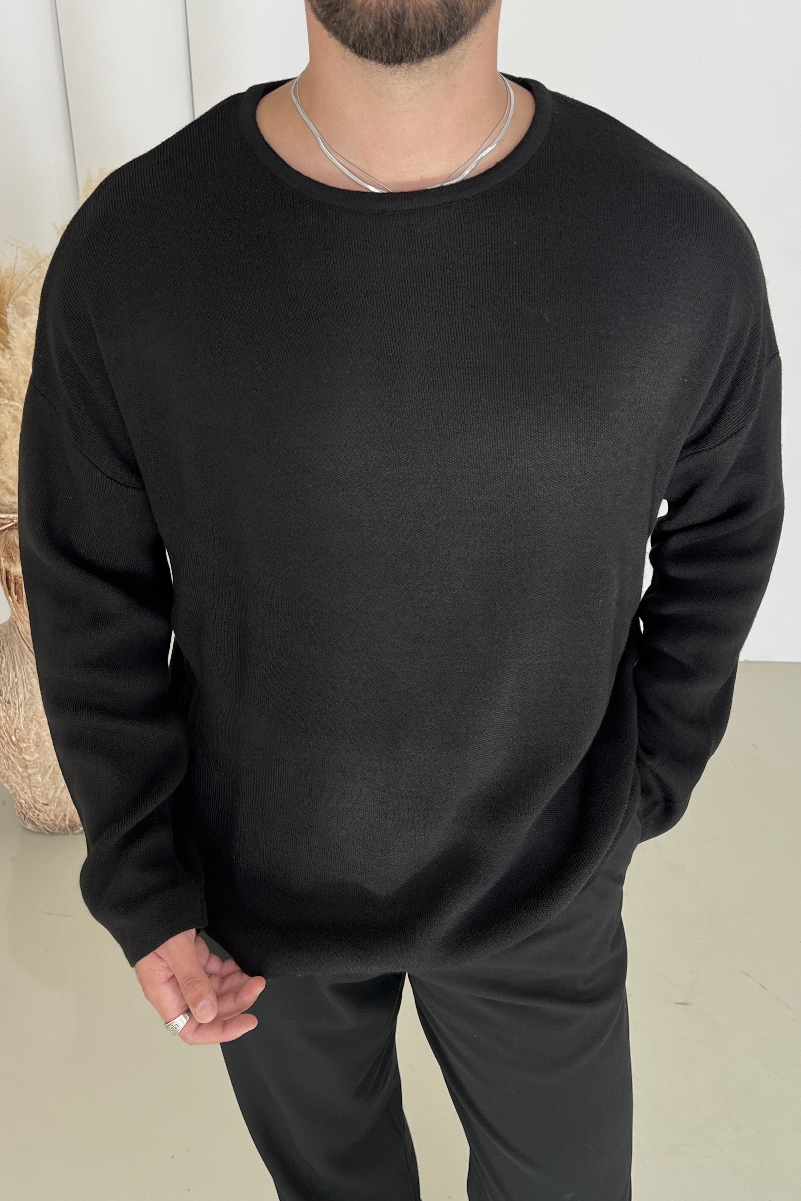 Triko Açık Yaka Oversize Kazak Siyah