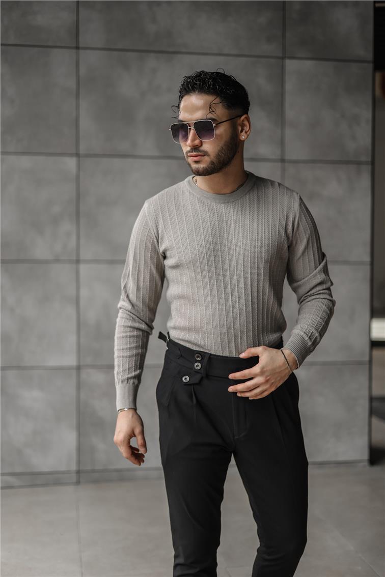 Triko Örme Detaylı Slim Fit Kazak Kurşun