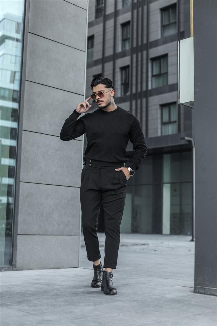 Triko Örme Detaylı Slim Fit Kazak Siyah