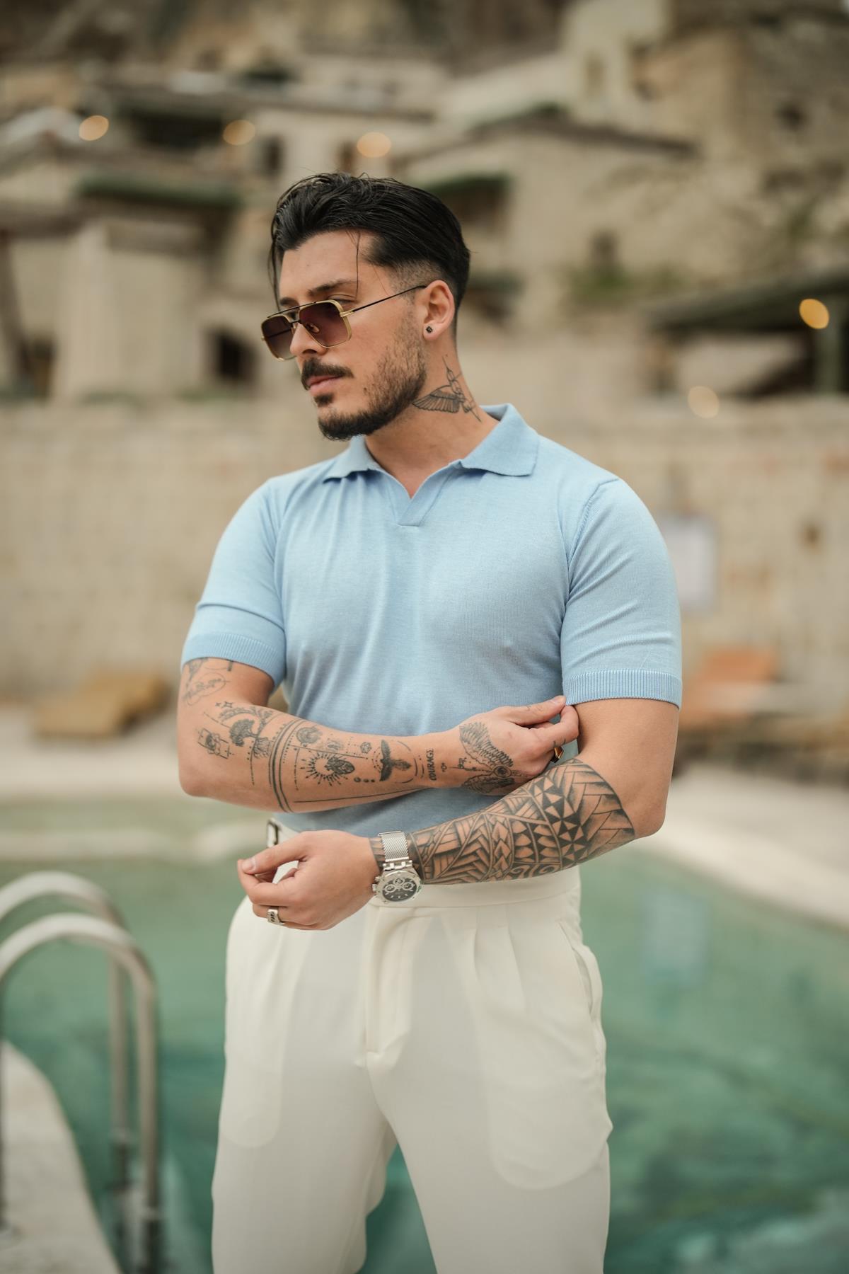 Triko Polo Yaka Slim Fit T-Shirt Açık Mavi