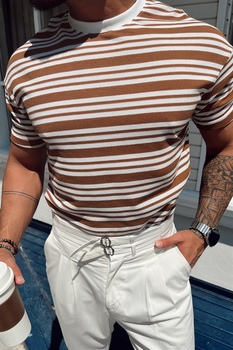Üç Çizgili Örme T-Shirt