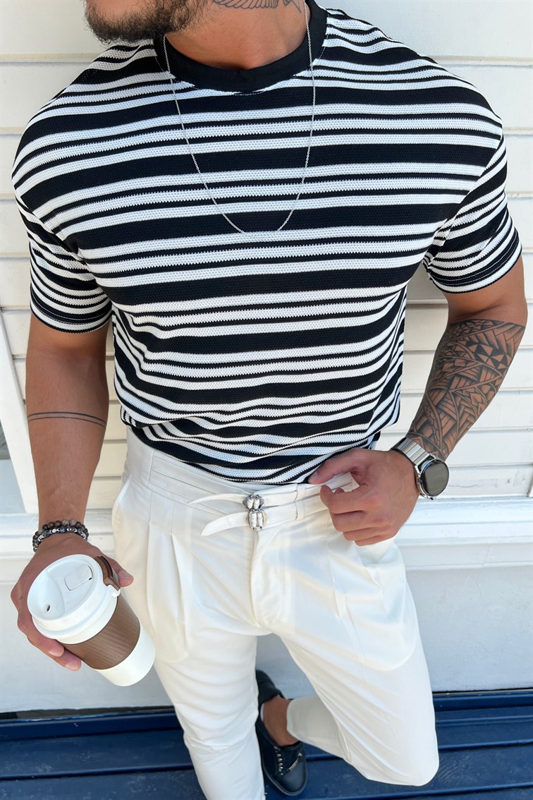 Üç Çizgili Örme T-Shirt