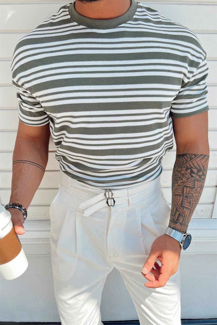 Üç Çizgili Örme T-Shirt